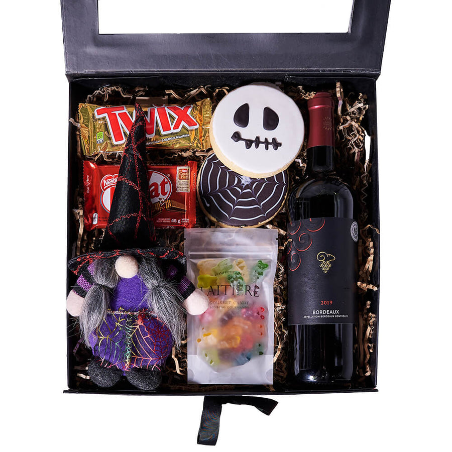 Halloween Chocolate & Wine Box, wine gift, wine, gourmet gift, gourmet, candy gift, candy. America Blooms-America Blooms Delivery