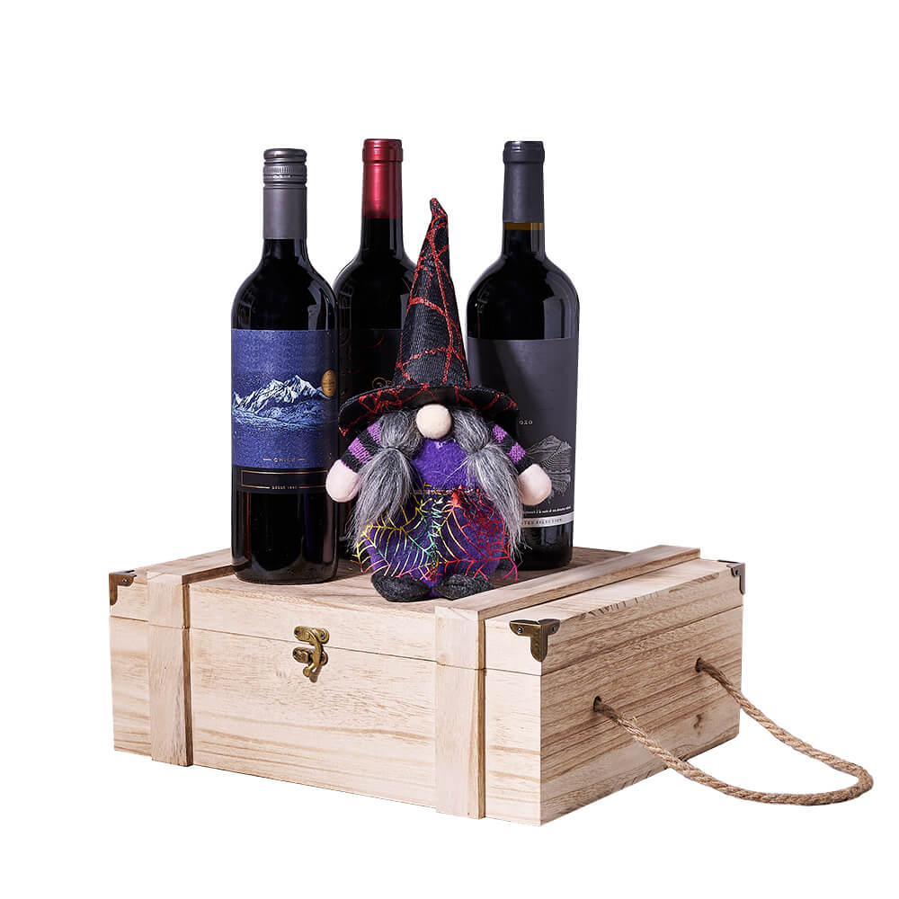 Halloween Wooden Wine Box Gift Basket with Three Bottles and Witch Plush – how the gift is presented