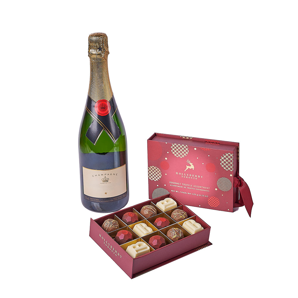 Holiday Champagne & Chocolate Gift, sparkling wine gift, sparkling wine, champagne gift, champagne, chocolate gift, chocolate, christmas gift, christmas, America delivery
