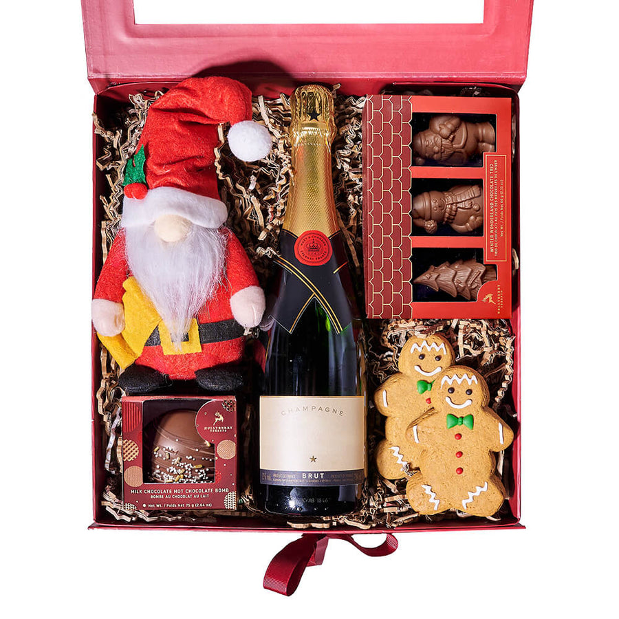 Holiday Champagne & Mr. Claus Gift Box, champagne gift, champagne, sparkling wine gift, sparkling wine, gourmet gift, gourmet, chocolate gift, chocolate, christmas gift, christmas, holiday gift, holiday. America Blooms- America Blooms Delivery