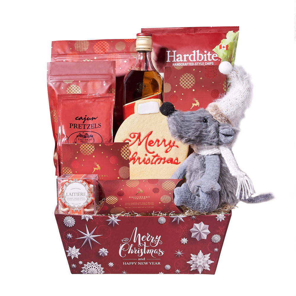 Holiday Mouse & Liquor Gift Basket, liquor gift basket, liquor, liquor gift, gourmet gift basket, gourmet, christmas gift basket, christmas gift, christmas, holiday gift basket, holiday, holiday gift, candy gift, candy. America Blooms- America Blooms Delivery