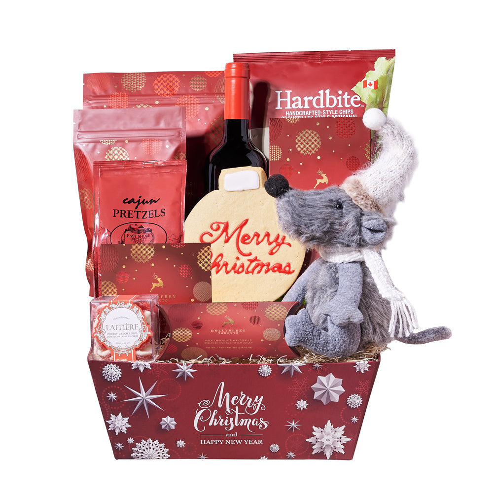 Holiday Mouse &amp; Wine Gift Basket, wine gift basket, wine, wine gift, gourmet gift basket, gourmet, christmas gift basket, christmas gift, christmas, holiday gift basket, holiday, holiday gift, candy gift, candy. Blooms America- Blooms America Delivery