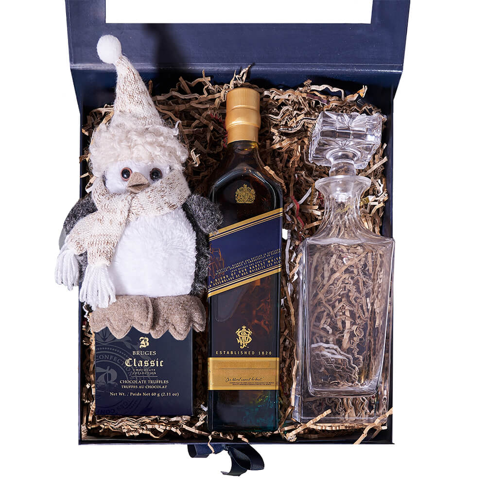 Holiday Penguin & Decanter Gift, christmas gift, Christmas, holiday gift, holiday, gourmet gift, gourmet, liquor gift, liquor. America Blooms- America Blooms Delivery