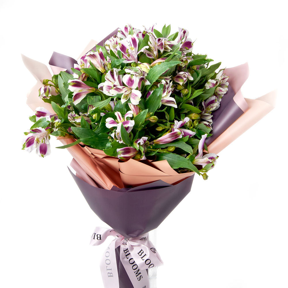 Sophisticated White and Lavender Alstroemeria Floral Wrap Bouquet – how the gift is presented