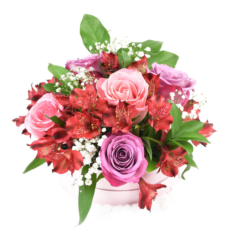 Blooms Chocolate and Multi-Color Rose Gift Arrangement – how the gift is presented