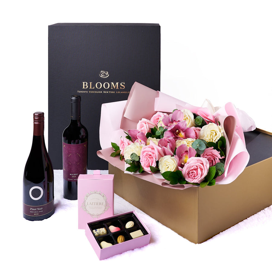 Lush Rose & Orchid Box Gift Set, rose gift baskets, gourmet gifts, gifts, roses, wine gifts. America Blooms  Delivery