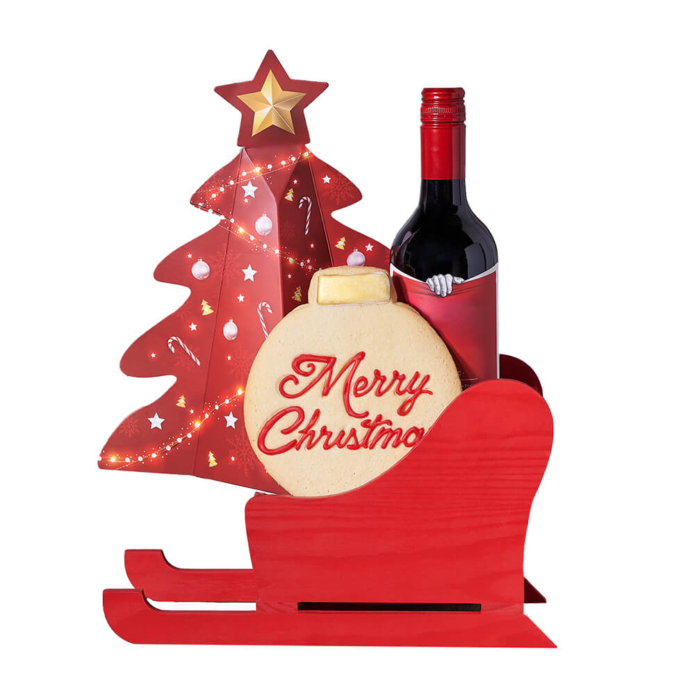 Wine Gift Basket for Christmas with Red Sleigh Presentation and Gourmet Treats – how the gift is presented