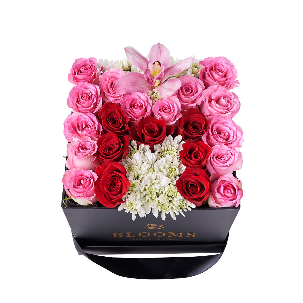 M is for Mom Floral Arrangement, gift baskets, floral gifts, mother’s day gifts. Blooms America Delivery