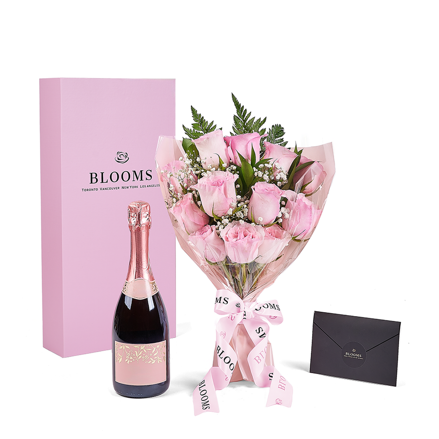 Mother’s Day 12 Stem Pink Rose Bouquet with Box & Champagne, champagne gift, champagne, sparkling wine gift, sparkling wine, mothers day gift, mothers day, America delivery