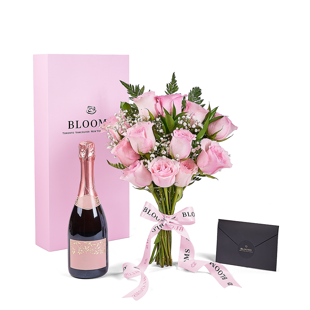 Mother’s Day 12 Stem Pink Rose Bouquet with Box & Champagne, champagne gift, champagne, sparkling wine gift, sparkling wine, mothers day gift, mothers day, America delivery