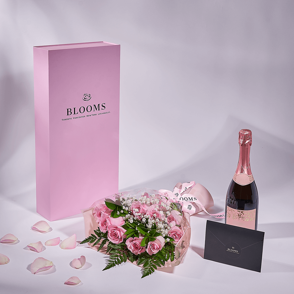 Mother's Day 12 Stem Pink Rose Bouquet with Box & Champagne, champagne gift, champagne, sparkling wine gift, sparkling wine, mothers day gift, mothers day, America delivery