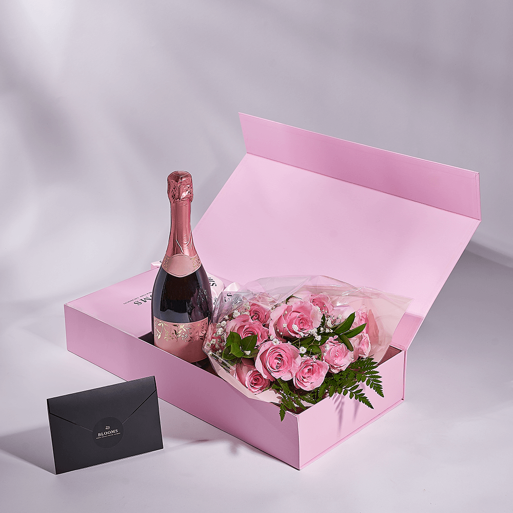 Mother’s Day 12 Stem Pink Rose Bouquet with Box & Champagne, champagne gift, champagne, sparkling wine gift, sparkling wine, mothers day gift, mothers day, America delivery