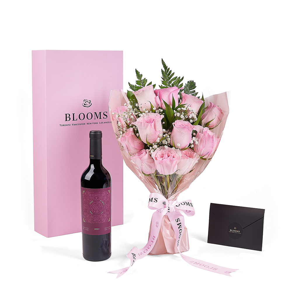 Mother’s Day 12 Stem Pink Rose Bouquet with Box & Wine, rose gift, rose, mothers day gift, mothers day, wine gift, wine, America delivery