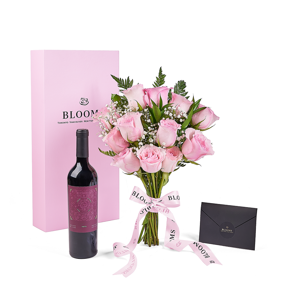 Mother’s Day 12 Stem Pink Rose Bouquet with Box & Wine, rose gift, rose, mothers day gift, mothers day, wine gift, wine, America delivery