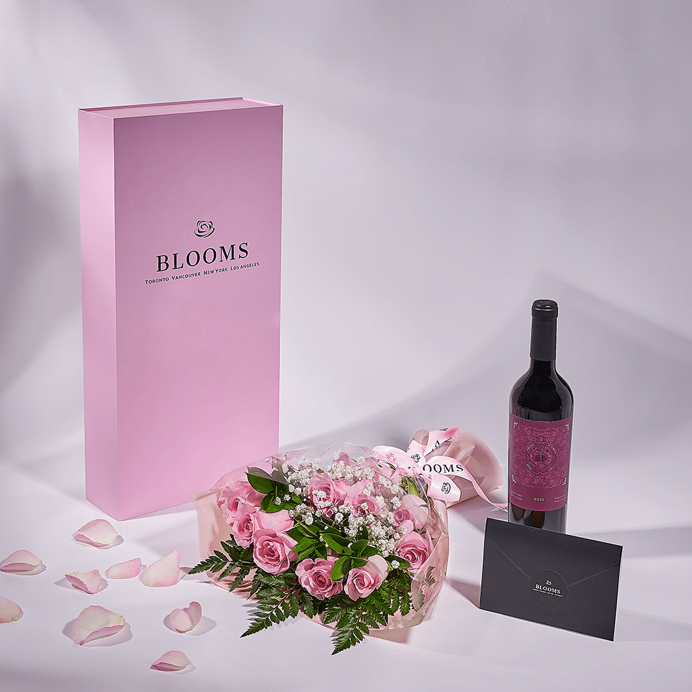 Mother’s Day 12 Stem Pink Rose Bouquet with Box & Wine, rose gift, rose, mothers day gift, mothers day, wine gift, wine, America delivery