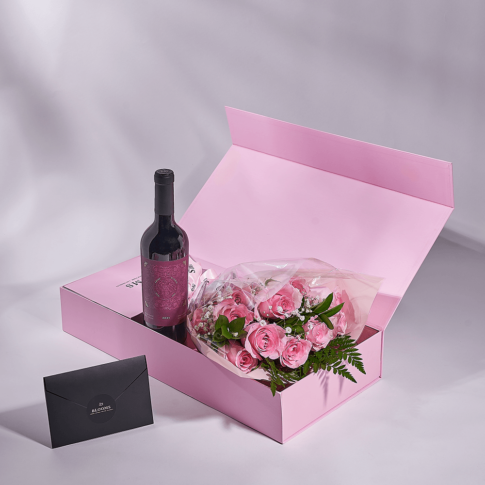 Mother’s Day 12 Stem Pink Rose Bouquet with Box & Wine, rose gift, rose, mothers day gift, mothers day, wine gift, wine, America delivery