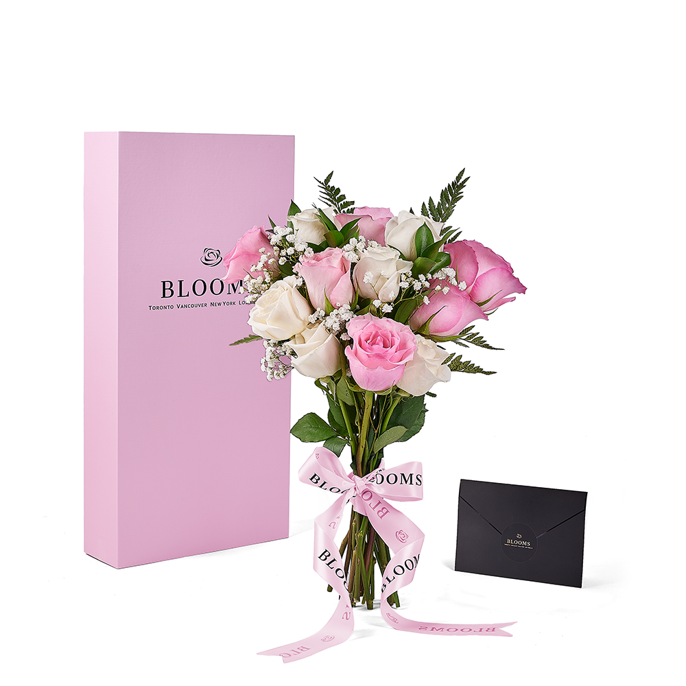 Mother's Day 12 Stem Pink & White Rose Bouquet with Box, mothers day gift, mothers day, rose gift, rose, America delivery