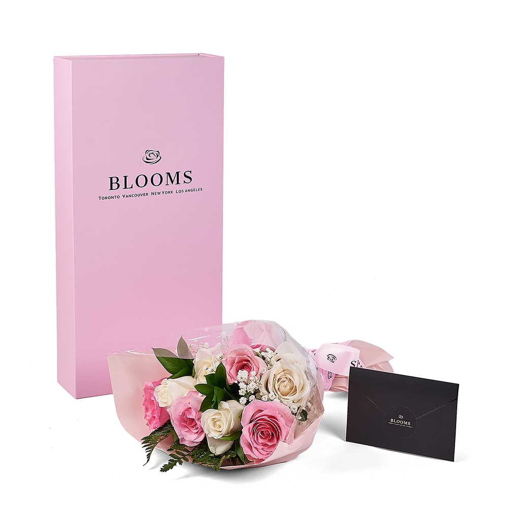 Mother’s Day 12 Stem Pink & White Rose Bouquet with Box, mothers day gift, mothers day, rose gift, rose, America delivery