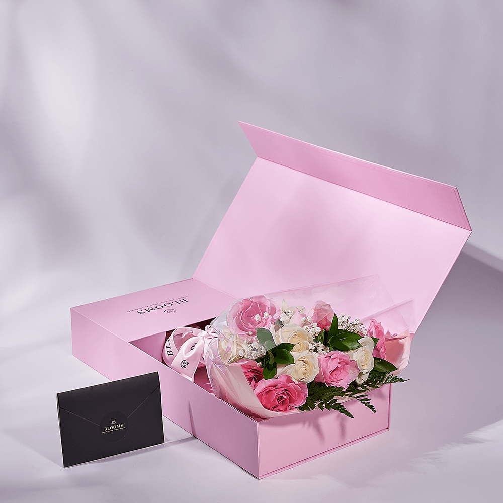 Mother’s Day 12 Stem Pink & White Rose Bouquet with Box, mothers day gift, mothers day, rose gift, rose, America delivery