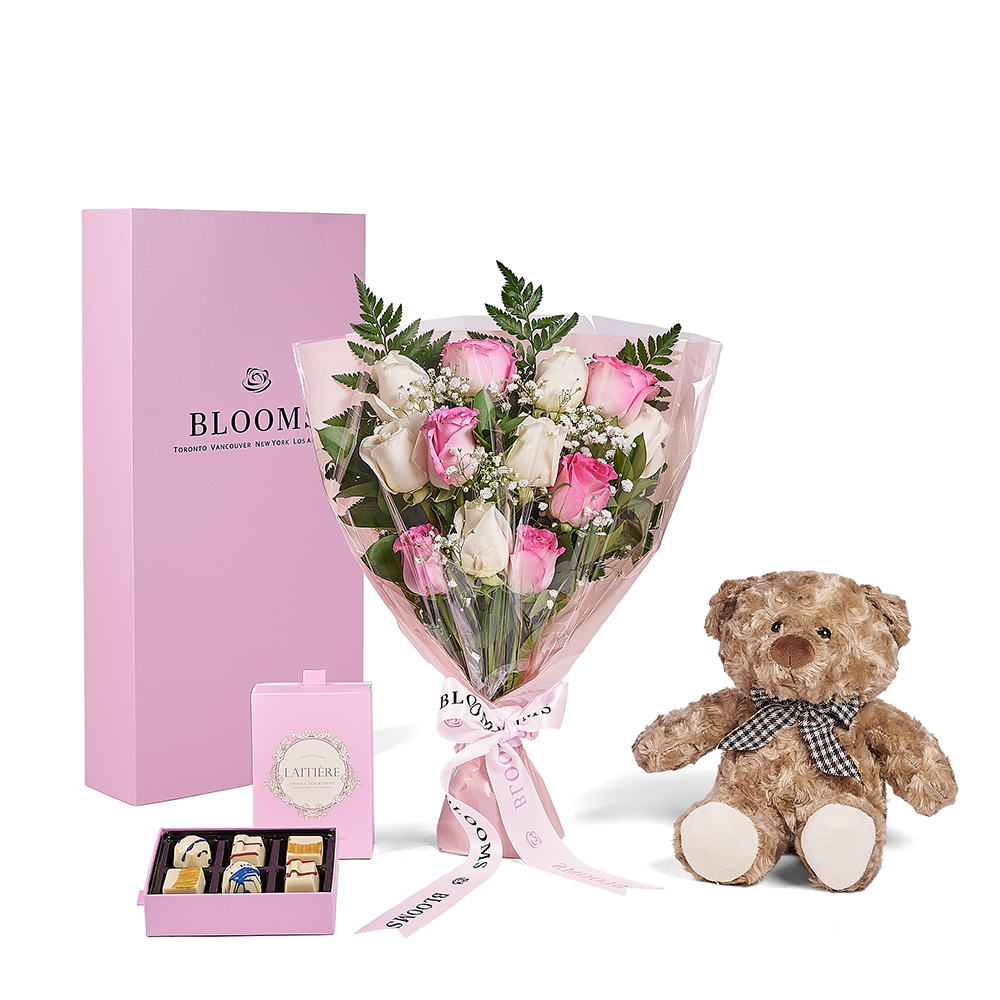 Mother’s Day 12 Stem Pink & White Rose Bouquet with Box, Bear, & Chocolate, mothers day gift, mothers day, plush gift, plush, rose gift, rose, America delivery