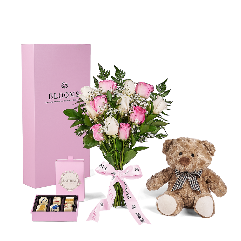 Mother's Day 12 Stem Pink & White Rose Bouquet with Box, Bear, & Chocolate, mothers day gift, mothers day, plush gift, plush, rose gift, rose, America delivery