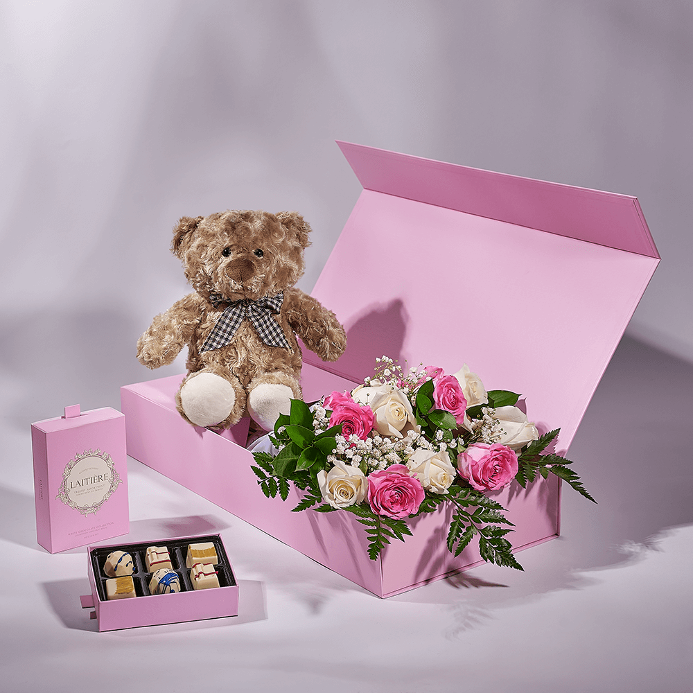 Mother’s Day 12 Stem Pink & White Rose Bouquet with Box, Bear, & Chocolate, mothers day gift, mothers day, plush gift, plush, rose gift, rose, America delivery