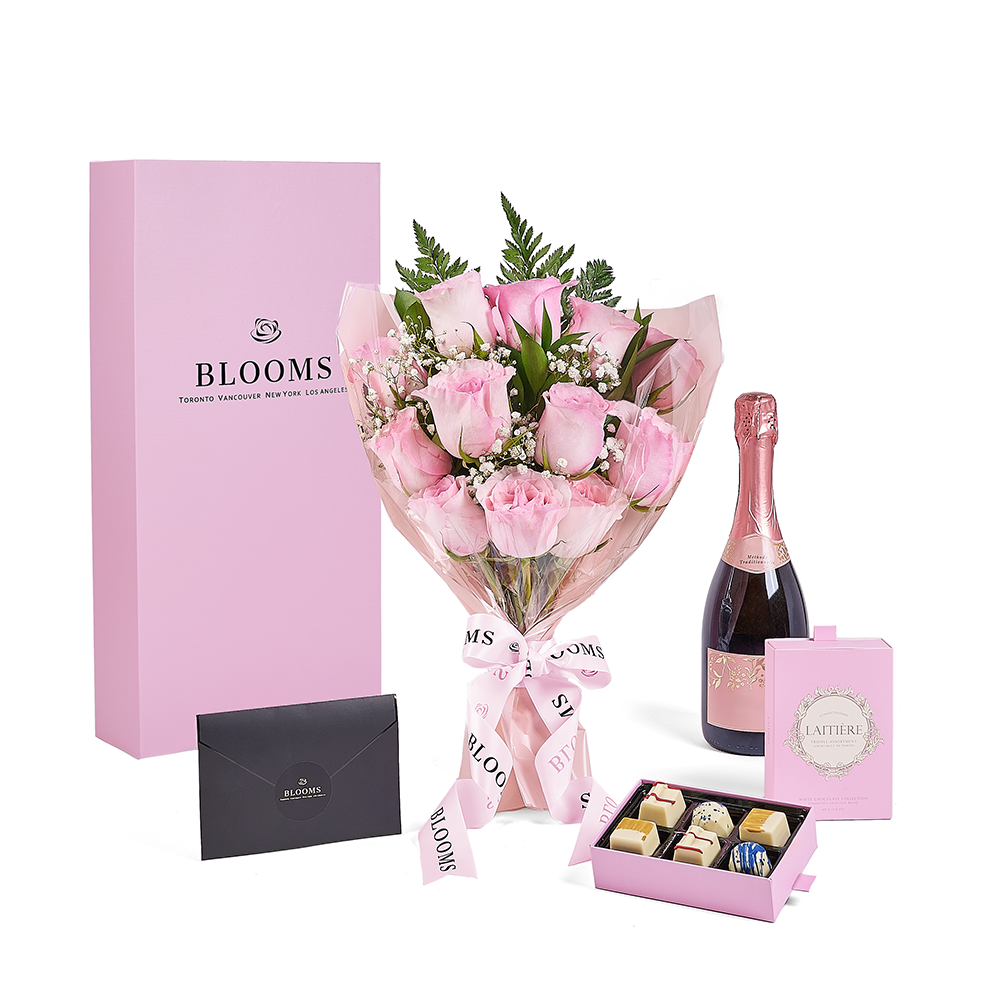 Mother's Day Dozen Pink Rose Bouquet with Box, Champagne, &amp; Chocolate, champagne gift, champagne, sparkling wine gift, sparkling wine, mothers day gift, mothers day, America delivery