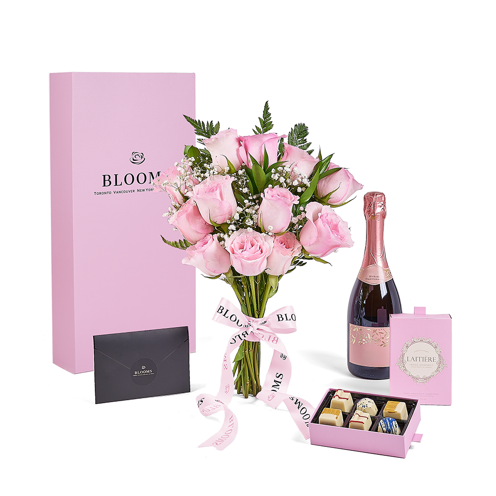 Mother's Day Dozen Pink Rose Bouquet with Box, Champagne, & Chocolate, champagne gift, champagne, sparkling wine gift, sparkling wine, mothers day gift, mothers day, America delivery