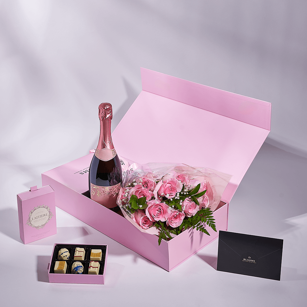 Mother's Day Dozen Pink Rose Bouquet with Box, Champagne, & Chocolate, champagne gift, champagne, sparkling wine gift, sparkling wine, mothers day gift, mothers day, America delivery