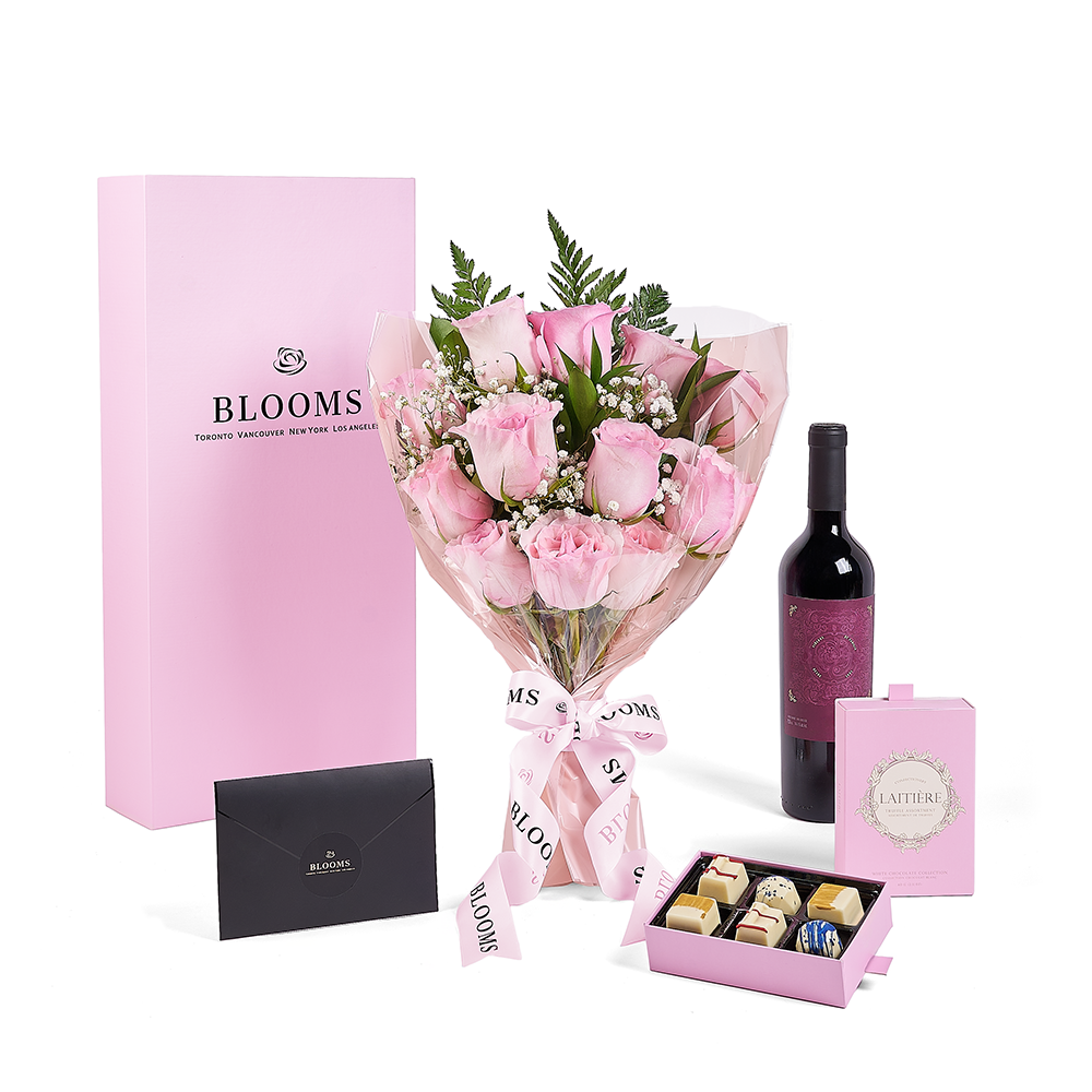 Mother’s Day Dozen Pink Rose Bouquet with Box, Wine, & Chocolate, rose gift, rose, mothers day gift, mothers day, wine gift, wine, America delivery