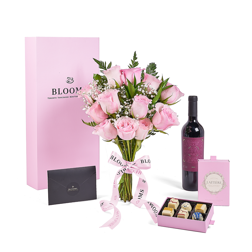 Mother’s Day Dozen Pink Rose Bouquet with Box, Wine, & Chocolate, rose gift, rose, mothers day gift, mothers day, wine gift, wine, America delivery