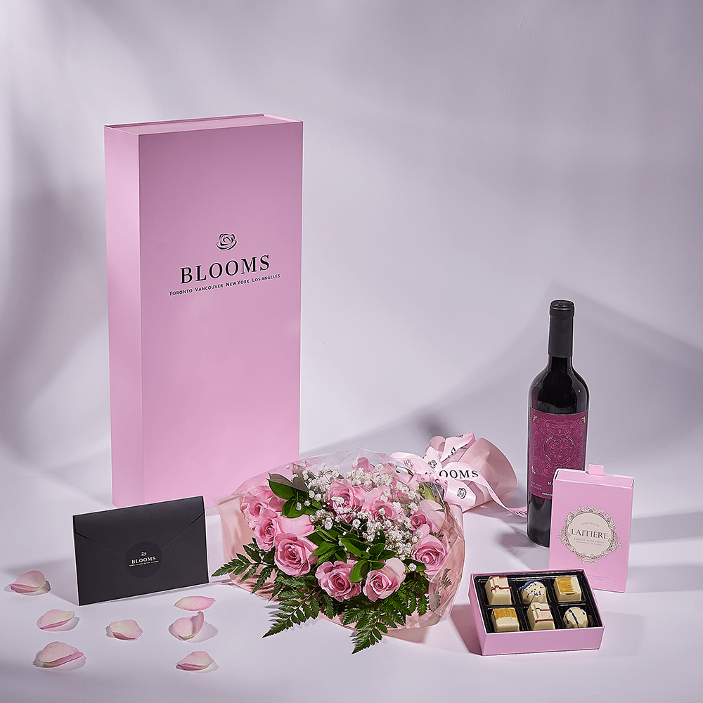 Mother’s Day Dozen Pink Rose Bouquet with Box, Wine, & Chocolate, rose gift, rose, mothers day gift, mothers day, wine gift, wine, America delivery