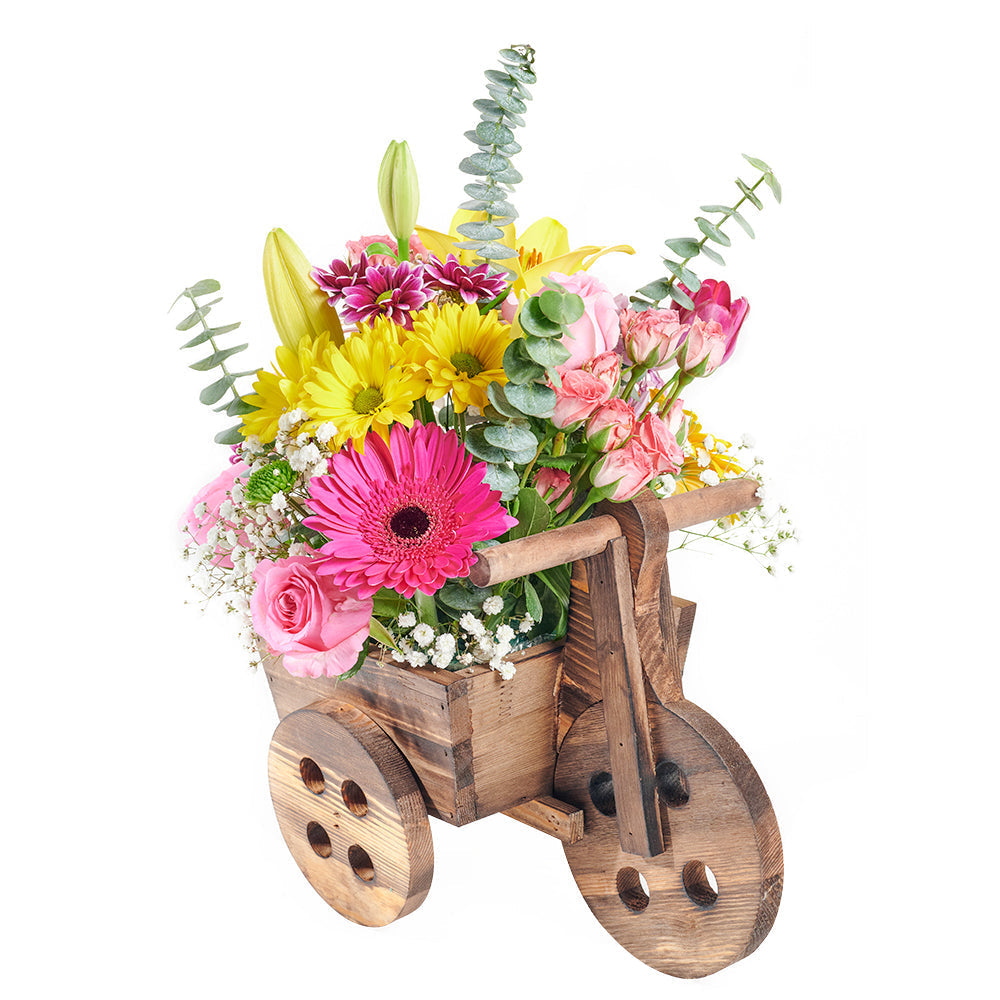 Mother's Day Floral Wooden Cart, The Best Mother's Day Floral Gift, Wooden Planter Mix Floral Gift Basket, from America Blooms - America Delivery.