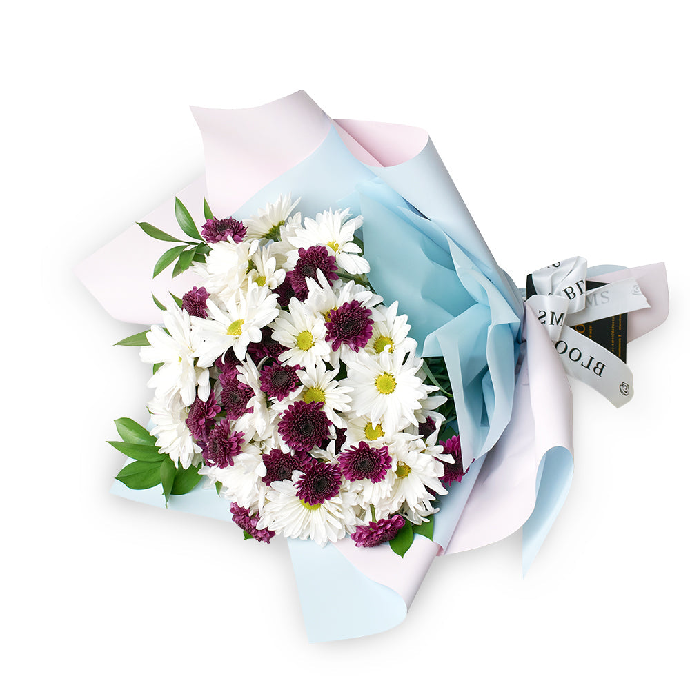 Mother's Day Spring Daisy Bouquet, White and purple daisy floral bouquet from America Blooms - America Delivery.