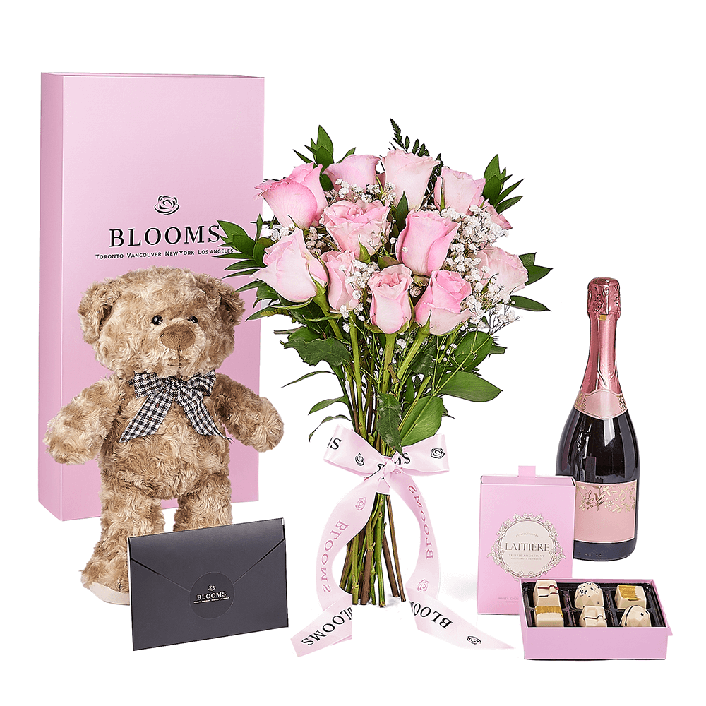 Mother's Day Sparkling Wine and Pink Rose Bouquet Gift – how the gift is presented