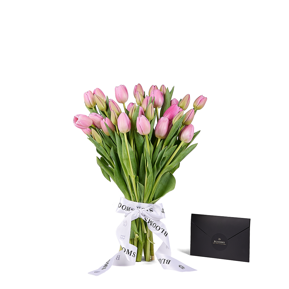 Elegant Pink Tulip Hand-Tied Bouquet with Designer Ribbon – how the gift is presented