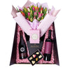 Resplendent Spring Tulip Gift Set, tulip gift baskets, gourmet gifts, gifts, tulips, wine gifts. America Blooms Delivery