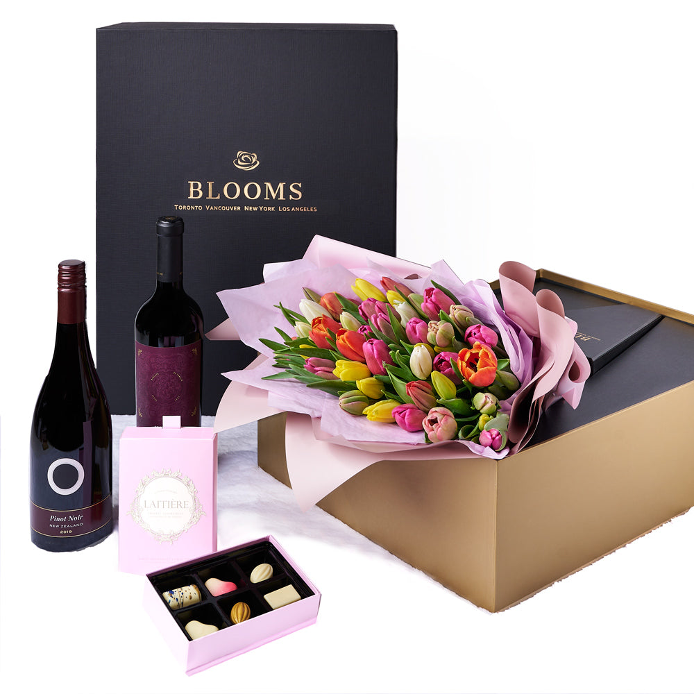 Resplendent Spring Tulip Gift Set, tulip gift baskets, gourmet gifts, gifts, tulips, wine gifts. Blooms America Delivery