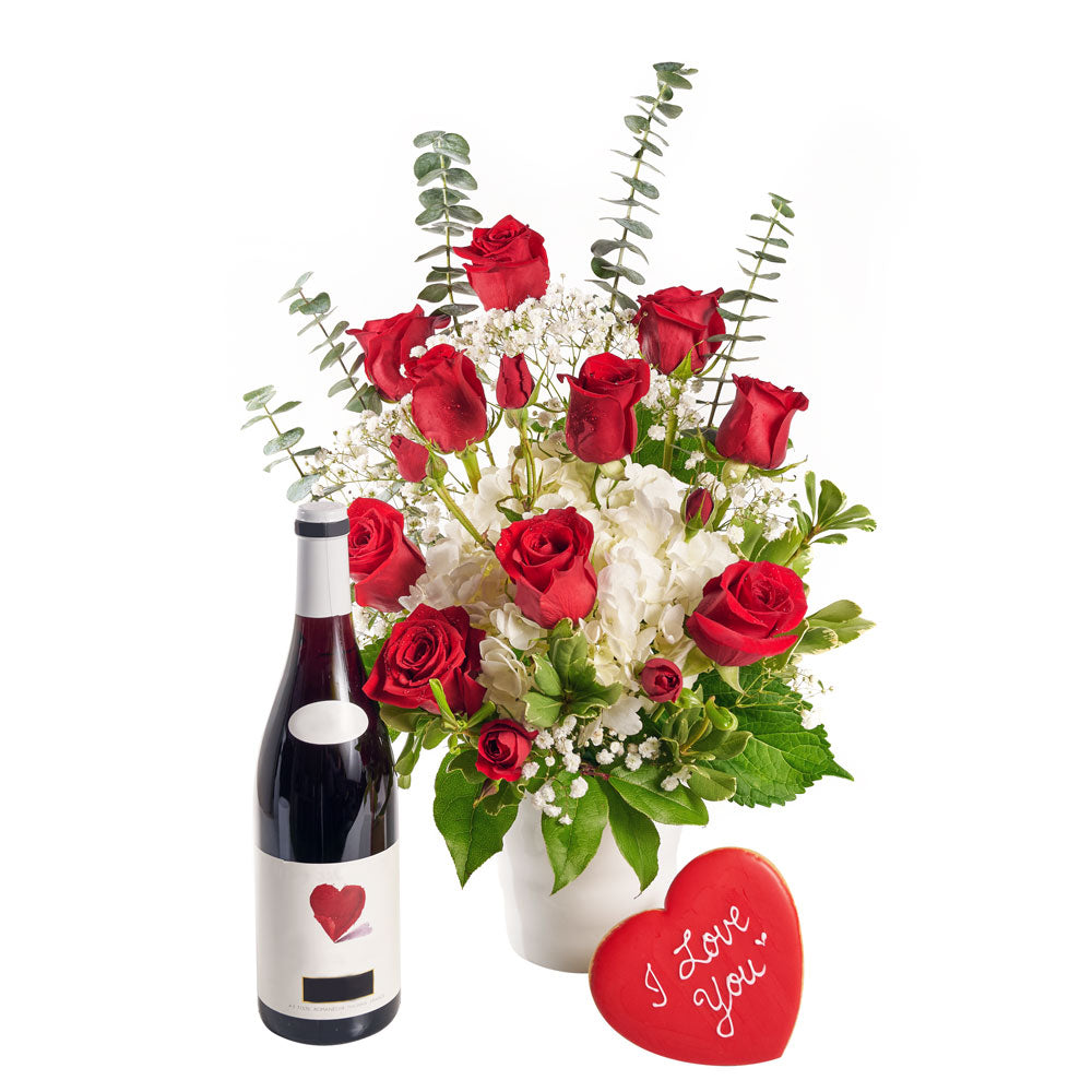 Rose and Hydrangea Vase with Wine - Wine Gift Set - America Blooms Delivery