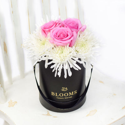 Simplistic Elegance Rose and Mum's Box Arrangement - Mixed Floral Hat Box -  America Blooms- America Blooms Delivery