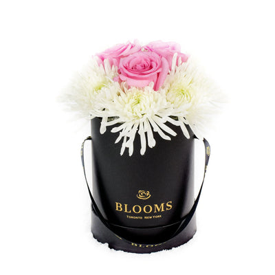 Simplistic Elegance Rose and Mum's Box Arrangement - Mixed Floral Hat Box -Blooms America Delivery