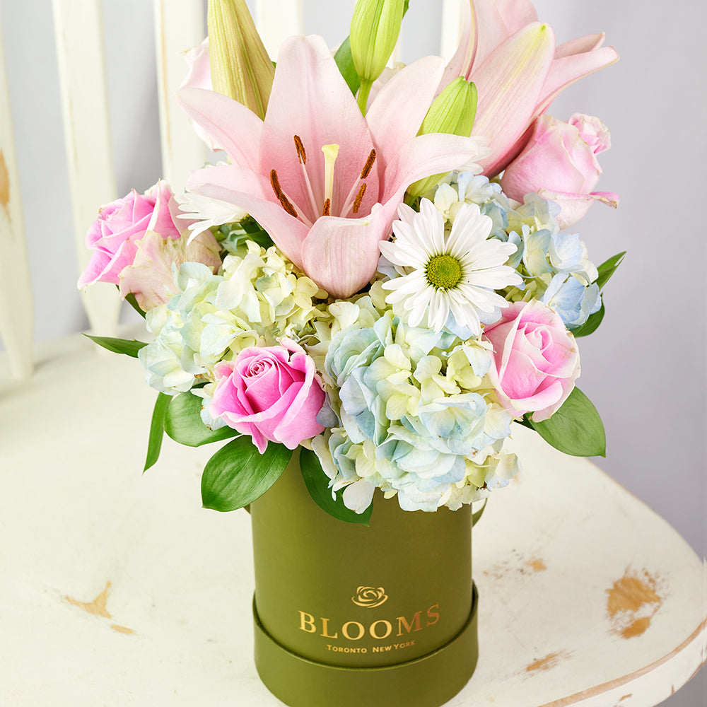  Spring Forth Mixed Floral Gift - Mixed Floral Arrangement Hat Box - Blooms America Delivery