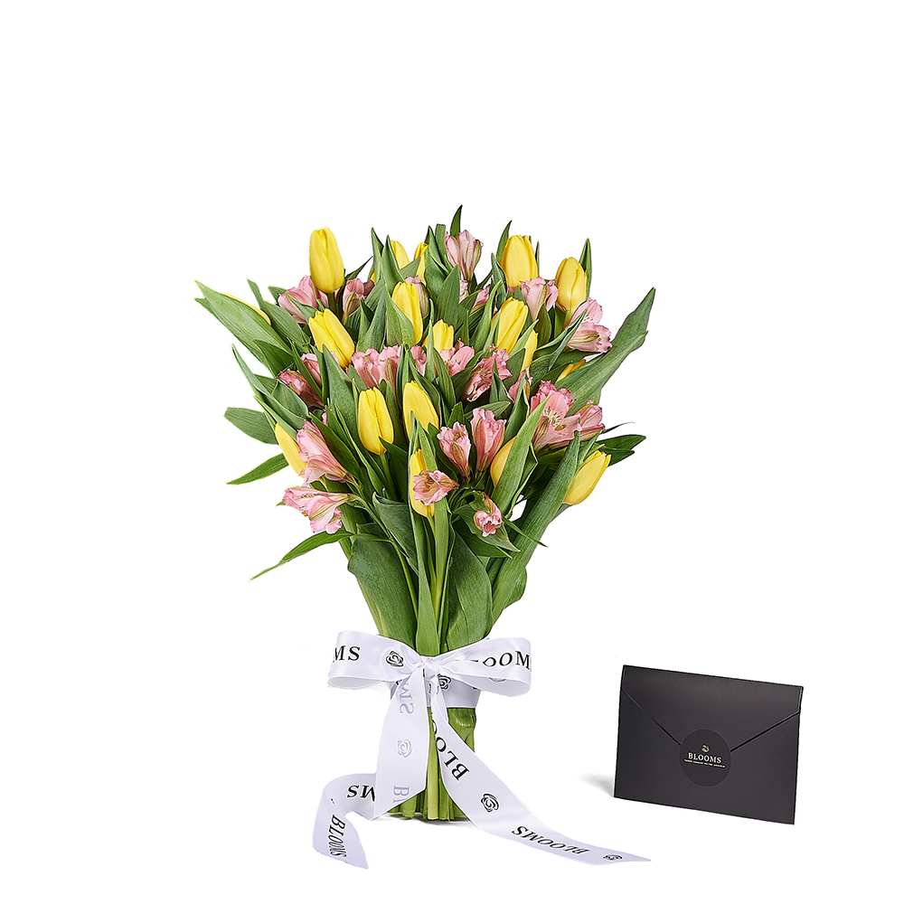 Vibrant Yellow Mixed Bouquet with Alstroemeria and Tulips – how the gift is presented