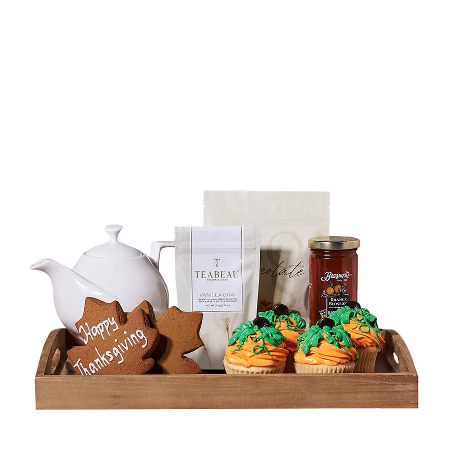 Thanksgiving Tea Time Gift Tray, thanksgiving gift, thanksgiving, fall gift, fall, cupcake gift, cupcake, gourmet gift, gourmet, tea gift, tea. America Blooms-America Blooms Delivery