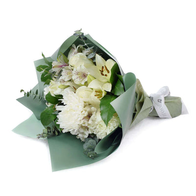 White rose, lily, and alstroemeria mixed bouquet. America Blooms Delivery.