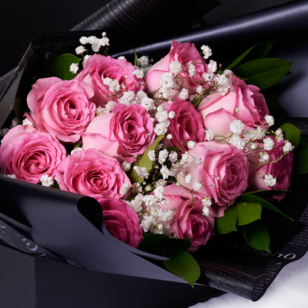 Valentine's Day 12 Stem Pink Rose Bouquet With Box & Bear, Valentine's Day gifts, Blooms America Same Day Flower Delivery, plush gifts