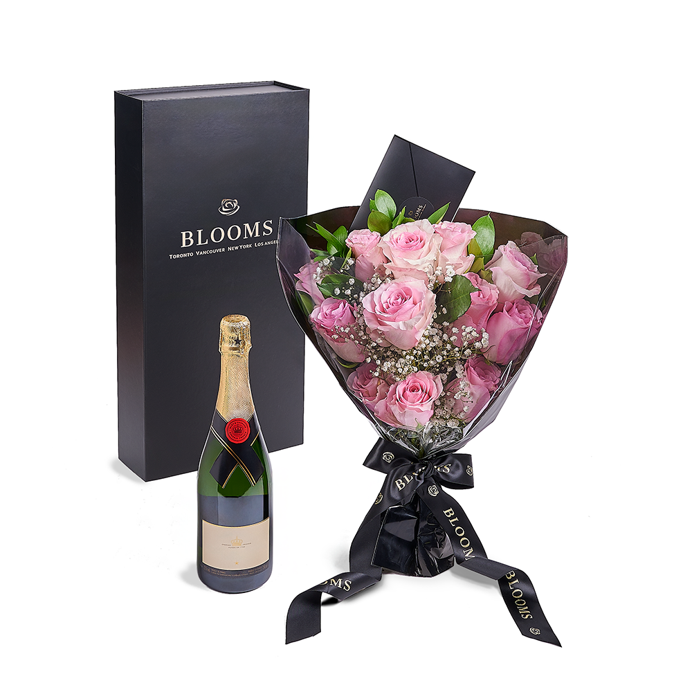 Valentine's Day 12 Stem Pink Rose Bouquet With Box &amp; Champagne, Valentine's Day gifts, Blooms America Flower Delivery