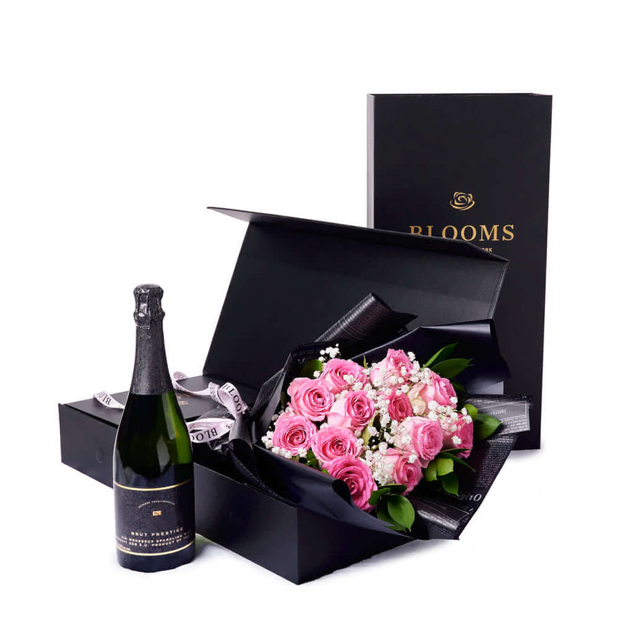 Valentine's Day 12 Stem Pink Rose Bouquet With Box & Champagne, Valentine's Day gifts, America Blooms Flower Delivery