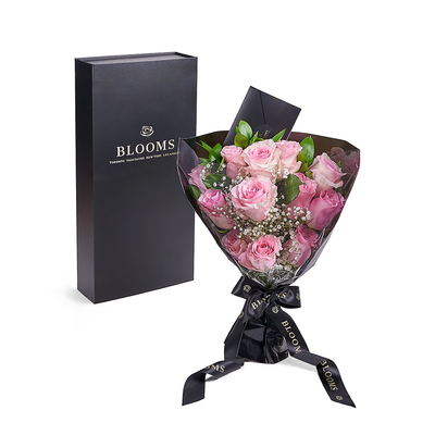 Valentine's Day 12 Stem Pink Rose Bouquet With Designer Box, Blooms America Delivery