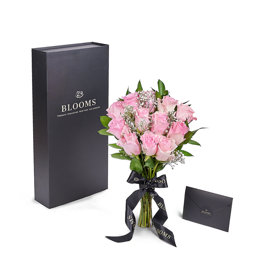 Valentine's Day 12 Stem Pink Rose Bouquet With Designer Box, Blooms America Delivery